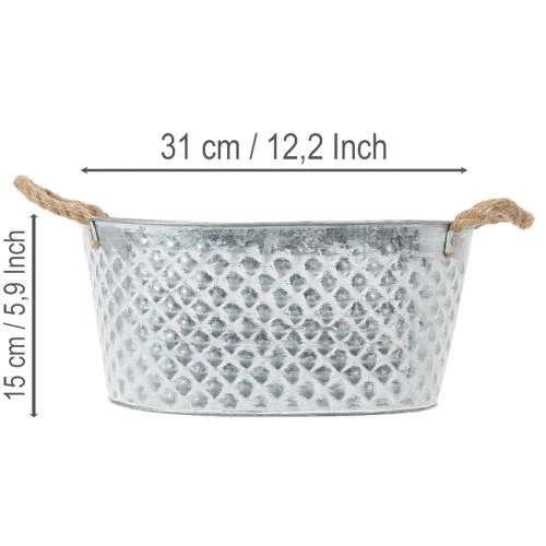 Zinkschale oval 31x20x15cm mit Rautenmuster und Seilgriffen | Floristik24.at