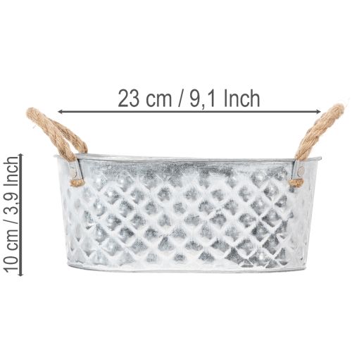 Zinkschale oval mit Seilgriffen 23cm x 12cm x 10,5cm Silber | Floristik24.at