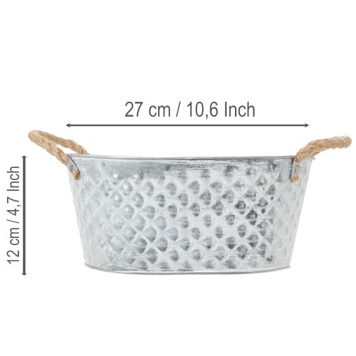 Zinkschale oval mit Seilgriffen 27cm x 17,5cm H12cm Silber Weiß Natur | Floristik24.at