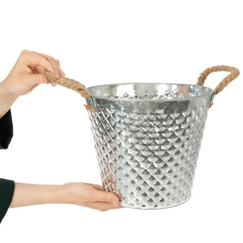 Zinktopf mit Rautenmuster und Seilgriffen Ø24,5cm H21cm weiß gewaschen | Floristik24.at