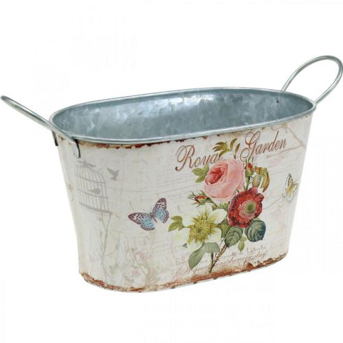 Artikel Blumenwanne Vintage, Metalltopf mit Griffen, Pflanzgefäß mit Rosen L18cm H10,5cm