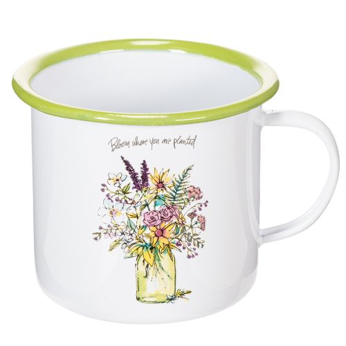 Deko Pflanztopf Tasse Metall emailliert Ø11,5cm H10cm Weiß mit Blumendesign | Floristik24.at