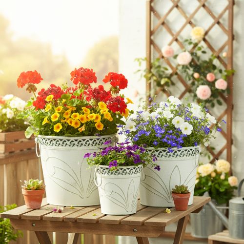Blech-Pflanzgefäße mit Prägung, 3er-Set, Weiß-Grün, H22/19,5/17,5cm, Ø25,5/20,5/15,5cm, mit Henkeln | Floristik24.at