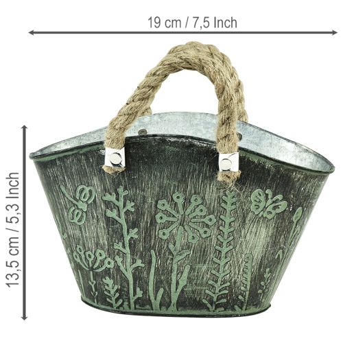 Blumentopf oval aus Metall mit Jutegriffen 19×13,5×13,5cm grün/dunkelgrau | Floristik24.at