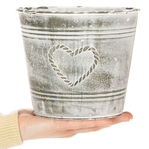 Blumentopf Metall Übertopf Shabby Chic Herzmotiv Ø17,5cm H15,5cm Grau Weiß | Floristik24.at