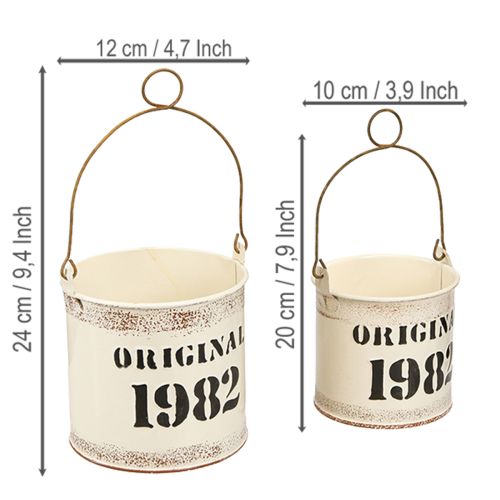 Artikel Deko-Eimer aus Metall mit Henkel, „Original 1982“, Ø 12/10 cm, cremefarben, 4-teiliges Set