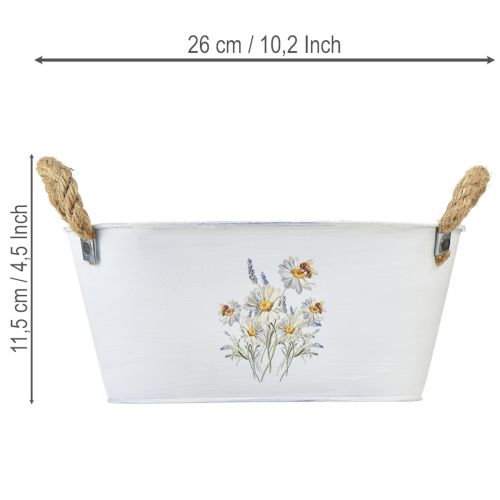 Ovale Deko-Schale aus Metall mit Blumenmotiv und Jutegriffen, 26 cm, Weiß | Floristik24.at