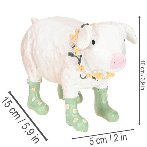 Deko-Schwein aus Polyresin 15,5cm in Rosa mit grünen Gummistiefeln und Blumenkranz | Floristik24.at