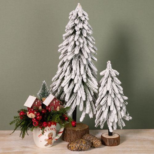 Artikel Künstlicher Deko-Tannenbaum beschneit mit rustikalem Holzsockel