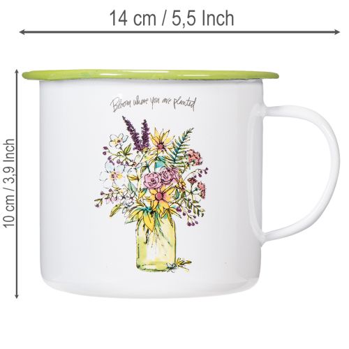 Deko Pflanztopf Tasse Metall emailliert Ø11,5cm H10cm Weiß mit Blumendesign | Floristik24.at
