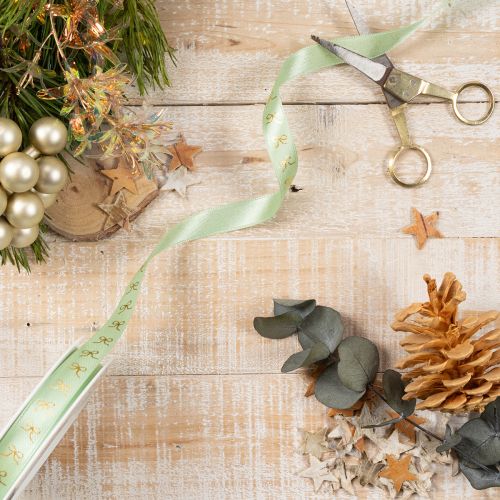 Dekoband aus Polyester mintgrün mit goldenen Schleifen 15mm 18m | Floristik24.at