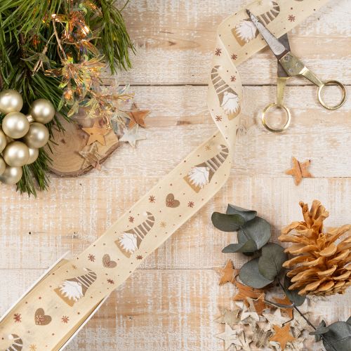 Dekoband aus Stoff mit Wichteln und Herzen 40 mm x 15 m Beige | Floristik24.at