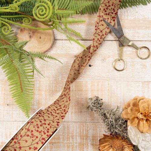 Dekoband Stoff Zweige mit roten Glitterbeeren 40mm 15m Beige | Floristik24.at