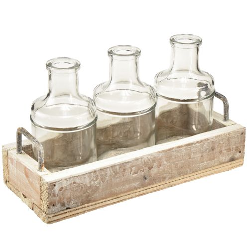 Floristik24 Flaschen Deko Glas mit Holz Tablett Vintage 24x9,5x14cm