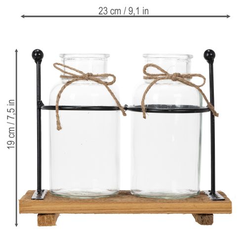 Flaschenvasen Glas mit Holzsockel und Metallhalter, 23x12x19,5cm, 2 Stück | Floristik24.at