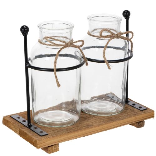 Flaschenvasen Glas mit Holzsockel und Metallhalter, 23x12x19,5cm, 2 Stück bestellen | Floristik24.at