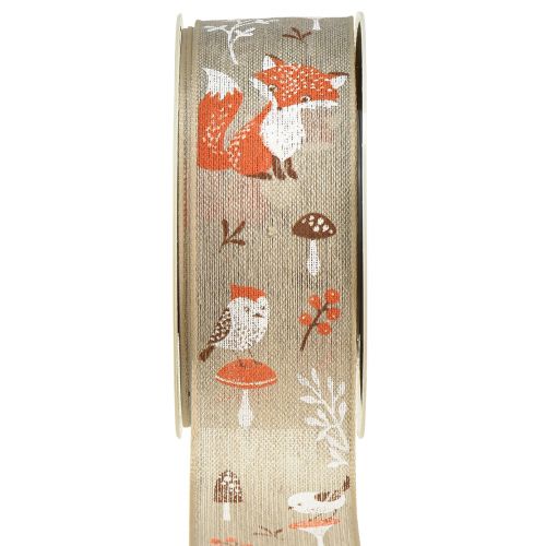 Floristik24 Geschenkband Herbst mit Fuchs und Pilzen Leinen Grau 40mm 15m
