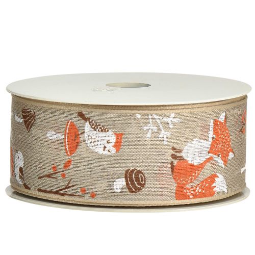 Artikel Geschenkband Herbst mit Fuchs und Pilzen Leinen Grau 40mm 15m