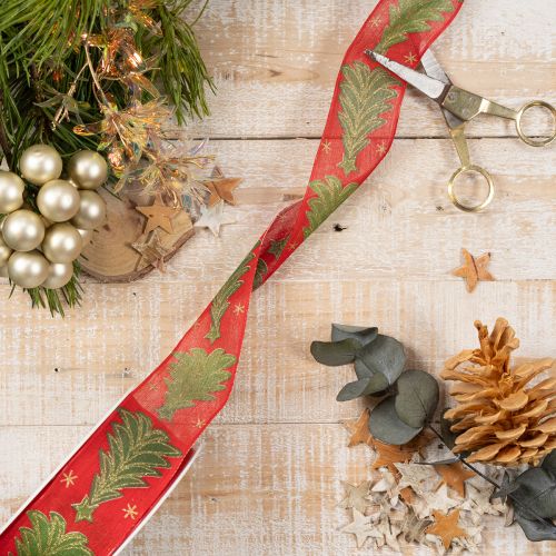 Geschenkband Stoff Tannenbaum Sterne 40mm 15m Rot Grün Gold | Floristik24.at
