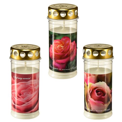 Floristik24 Grabkerzen mit Rosen Motiv Grabschmuck Ø7cm H18cm 3St