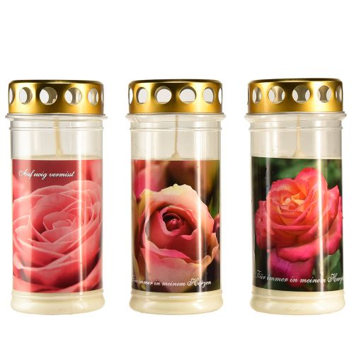 Floristik24 Grabkerzen mit Rosen Motiv Grabschmuck Ø7cm H18cm 3St