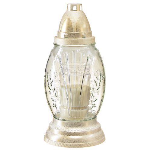Floristik24 Grablicht Glas Vase Retro Grablaterne Klar Weiß Gold Ø11cm H26,5cm