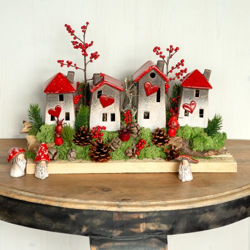 Floristik24 Romantische Keramik-Häuser mit Herzmotiv – Rot & Naturtöne, 11cm – Liebevoll gestaltete Winterdeko – 3St