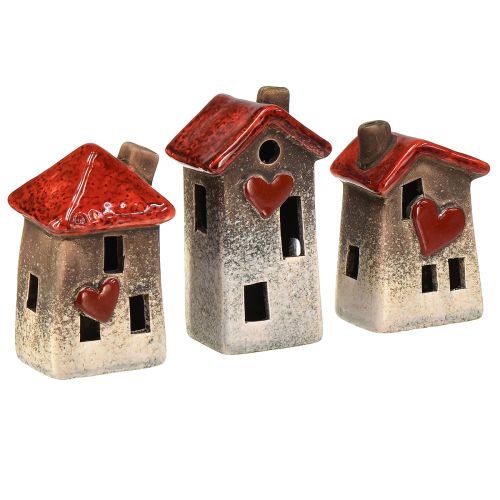 Floristik24 Romantische Keramik-Häuser mit Herzmotiv – Rot & Naturtöne, 11cm – Liebevoll gestaltete Winterdeko – 3St