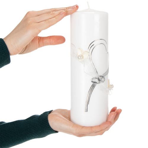 Artikel Festliche Hochzeitskerze mit stilvollem Herz-Design, Silberverzierungen und Organza-Band – Ideal für Hochzeit und Silberhochzeit, 230/80mm