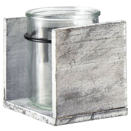 Artikel Teelichthalter aus Glas in rustikalem Holzrahmen – Grau-Weiß, 10x9x10cm – Charmante Tischdeko 3St