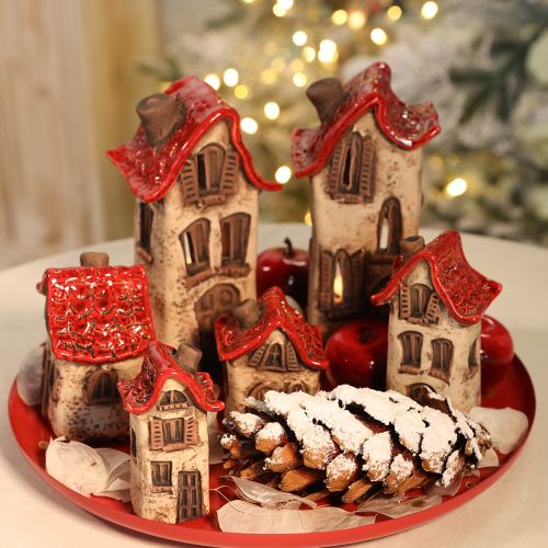 Keramik-Dekohäuser Mini-Set 8cm Rot-Beige 2-teilig | Floristik24.at