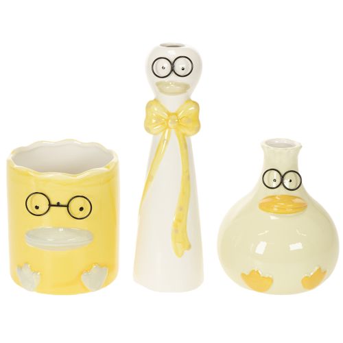 Keramik Dekofiguren Enten mit Brille 3er-Set 25 cm Gelb-Weiß für Innenbereich