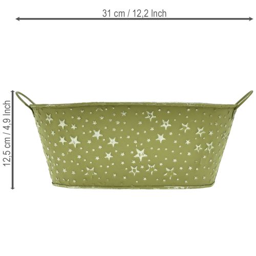 Artikel Metallschale oval Sterne und Griffe Grün 31×16cm H12,5cm