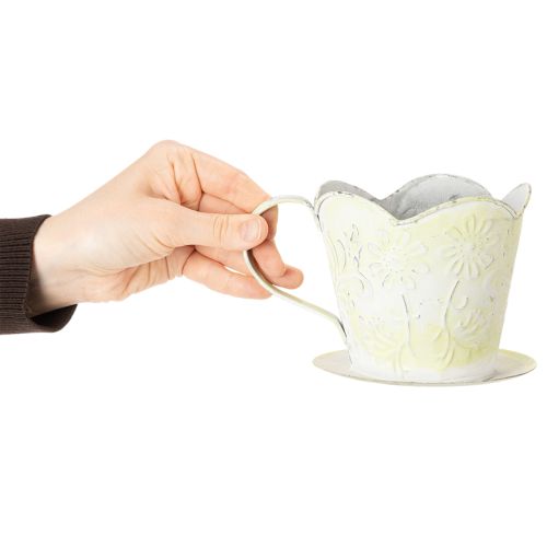 Pflanzgefäß Metalltasse mit Unterteller Grün-Weiß Ø11cm H11cm | Floristik24.at