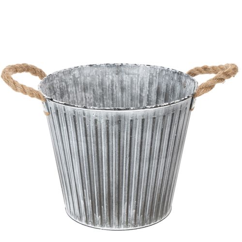 Artikel Pflanzgefäß aus Metall mit Jutegriffen Ø25,5cm geriffelt silbern