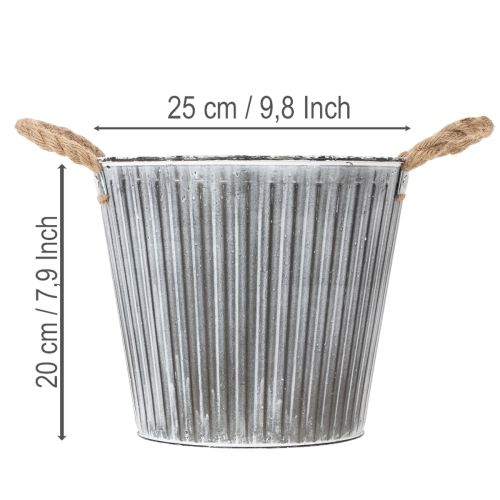 Artikel Pflanzgefäß aus Metall mit Jutegriffen Ø25,5cm geriffelt silbern