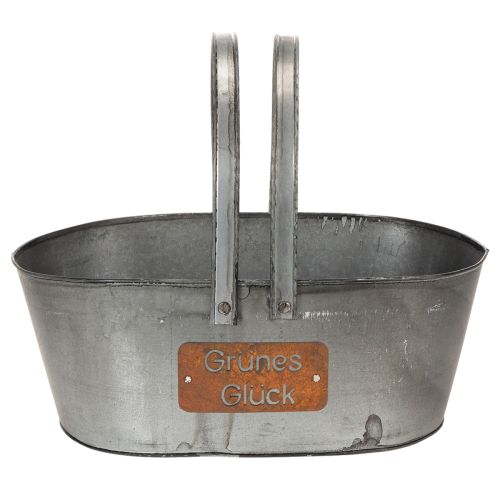 Pflanzkorb aus Metall mit Gravur „Grünes Glück“, ca. 40×15 cm, Silbern-Rostfarben | Floristik24.at