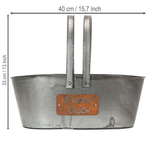 Pflanzkorb aus Metall mit Gravur „Grünes Glück“, ca. 40×15 cm, Silbern-Rostfarben | Floristik24.at