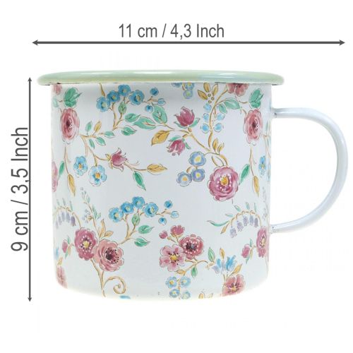 Pflanztasse Emaille Metall Weiß Ø9,5cm mit Rosenmotiv | Floristik24.at