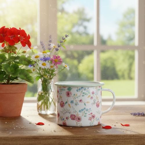 Pflanztasse Emaille Metall Weiß Ø9,5cm mit Rosenmotiv | Floristik24.at