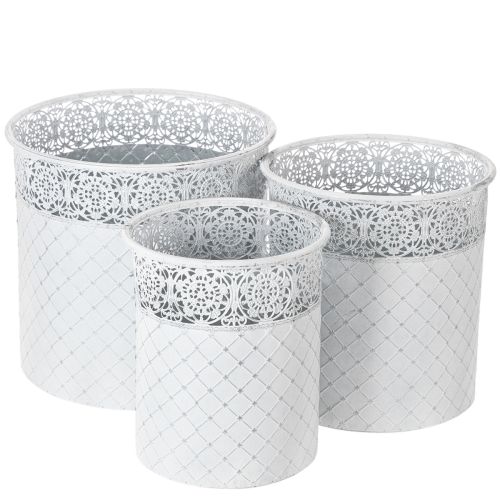 Pflanzgefäß aus Metall mit Spitzenmuster, 3er-Set, Weiß/Silbern, Ø 29,5/25,5/20 cm, H 28/25,5/23,5 cm bestellen | Floristik24.at