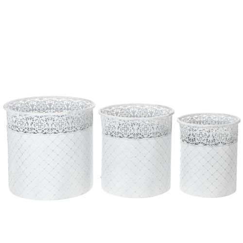 Pflanzgefäß aus Metall mit Spitzenmuster, 3er-Set, Weiß/Silbern, Ø 29,5/25,5/20 cm, H 28/25,5/23,5 cm | Floristik24.at