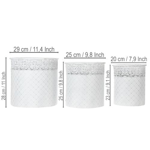 Pflanzgefäß aus Metall mit Spitzenmuster, 3er-Set, Weiß/Silbern, Ø 29,5/25,5/20 cm, H 28/25,5/23,5 cm | Floristik24.at