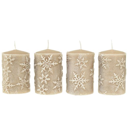 Floristik24 Stumpenkerzen Beige Kerzen Schneeflocken 100/65mm 4 St
