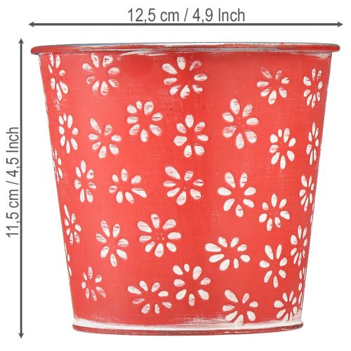 Metall-Blumentopf Rot-Weiß geblümt Ø12,5cm H11,5cm | Floristik24.at