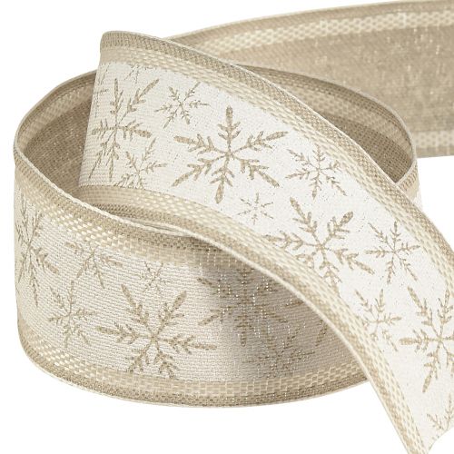 Floristik24 Weihnachtsband mit Schneeflocken – Winterliches Band mit Leinen-Anteil Weiß Beige 40mm 12m