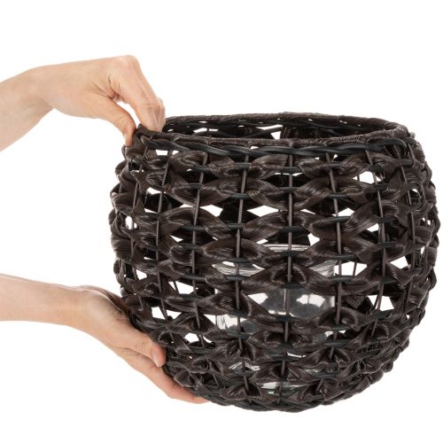 Windlicht geflochten Schwarz-Braun aus Kunststoff mit Glas Ø31 cm H25 cm | Floristik24.at