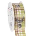 Floristik24 Dekoband Stoff Hirschmotiv Karomuster Grün Braun Beige 40mm 15m