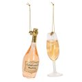 Floristik24 Weihnachtsbaumanhänger Set Sektflasche und Sektglas aus Glas 14cm Orange