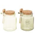 Floristik24 Deko-Gläser aus Glas mit Korkdeckel und Holzlöffeln, Grün, Ø 7 cm, H 10 cm, 2er-Set
